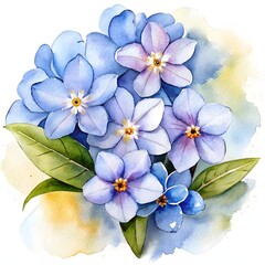 Fototapeta premium A beautiful watercolor bouquet of blue forget-me-not flowers. Symbol of true love and remembrance. A delicate botanical illustration with a soft, artistic splash background.