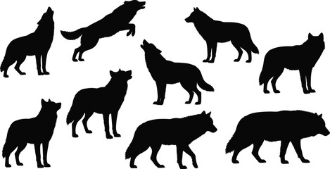Fototapeta premium A collection of diverse wolf silhouettes in various poses and actions, symbolizing wildness and nature.