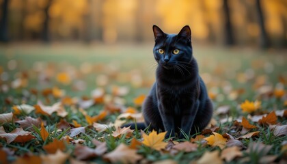 Majestic Black Cat Amidst Autumn Leaves