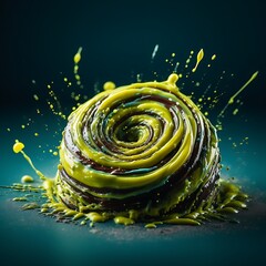 Swirling Pastry Mockup with Green Brown Layers and Yellow Sauce