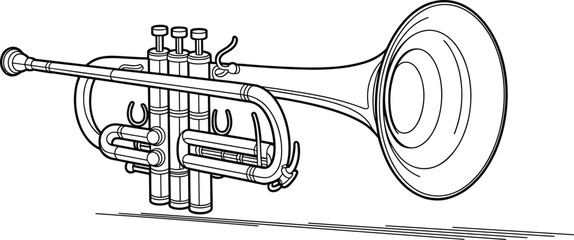 Black and white detailed trumpet line art, musical instrument outline drawing, classic brass trumpet design, wind instrument illustration, music education or coloring book page © Su Joy Creatives