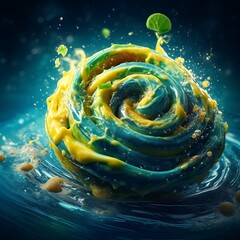 Blue Yellow Liquid Swirl Mockup with Rose Shape and Leaf