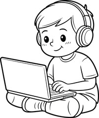 Young boy with headphones sitting cross-legged using laptop computer, focused child learning online, digital education, e-learning, technology for kids, remote study concept illustration