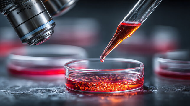 laboratory research experiment using microscope pipette cell culture in petri dish vibrant red liquid highlighting scientific precision care and analysis - Powered by Adobe