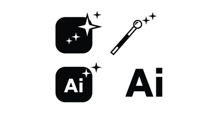 Vector illustration of set of four black icons representing adobe illustrator tools and features, isolated on a