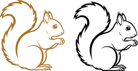 Charming illustration of a squirrel holding a nut, presented in both outline and solid color styles.