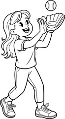 Happy girl playing baseball with glove, catching ball in action, black and white cartoon style, kids sports activity illustration, fun outdoor game drawing