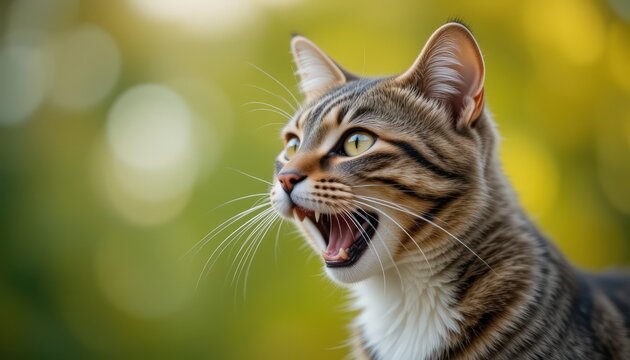 Playful Tabby Cat with Open Mouth, Blurred Green Background - Powered by Adobe