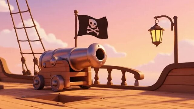 Pirate ship cannon on deck with flag waving on a beautiful sunset, adventure illustration