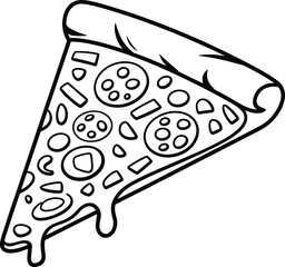 Black and white pizza slice illustration, dripping cheese and toppings, cartoon food drawing for coloring book, kids activity, restaurant menu design