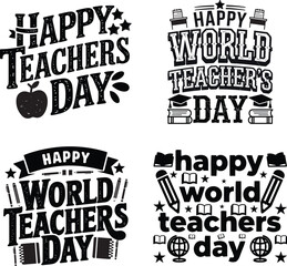 Happy World Teacher's Day hand drawn typography set with educational icons and doodle elements, vector illustration