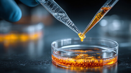 laboratory technician performing scientific experiment transferring liquid into petri dish in modern lab environment highlighting research study precision and care