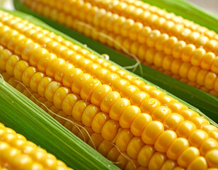 Fresh ripe sweet corn with green leaves