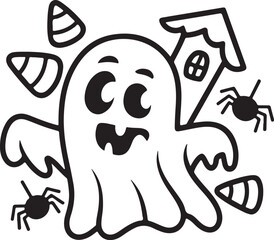 funny halloween vector illustration with crooked candy and haunted house