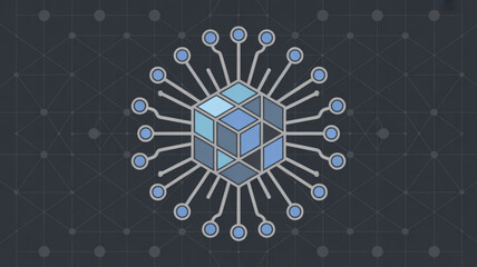 Illustration of a cube connected to nodes, representing artificial intelligence, machine learning, and neural networks on dark background