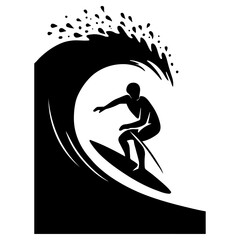 A striking vector silhouette of a surfer on a wave illustrates the extreme fun of this summer beach sport