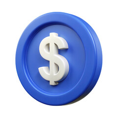 Obraz premium A stylized 3d rendering of a blue coin with a prominent white dollar sign centered on its surface isolated on transparent background
