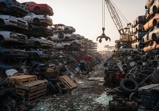 Industrial junkyard with stacked cars and scrap metal
Automotive scrapyard with crane and piles of wrecked vehicles
Car recycling facility filled with old vehicles and machinery parts