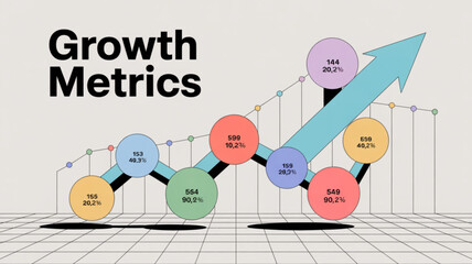 Growth metrics chart with arrow and data points illustrates business progress, financial analysis, and performance measurement