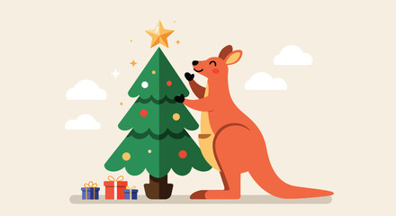 Cheerful Kangaroo Decorating Christmas Tree with Golden Star Ornament