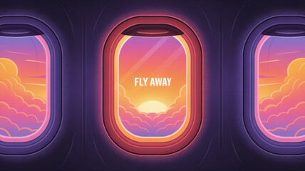 Airplane window view of a sunset sky with clouds and the words fly away, creating a sense of travel and adventure