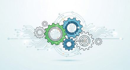 Abstract illustration of interconnected gears and circuit board elements, suggesting technological integration and complex systems.