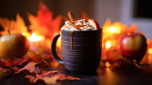 Hot caramel apple latte in a dark ceramic mug with whipped cream, caramel drizzle, and cinnamon stick. Autumn leaves, apples, and candlelight glow. Ideal for fall menus and seasonal campaigns