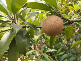 Sapodilla fruit still on tree in garden, Close up view 