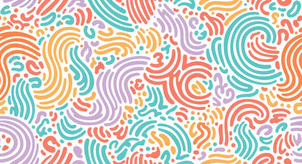 Colorful Abstract Hand Drawn Curved Line Seamless Pattern Background for Textile, Kids Design, Wallpaper, Art and Decor