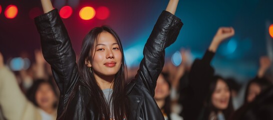 Midjourney, Concert, Crowd - Young Woman Celebrating at Live Music Event, Joyful Expression, Nightlife Vibes