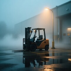 Forklift Under Foggy Streetlamp  