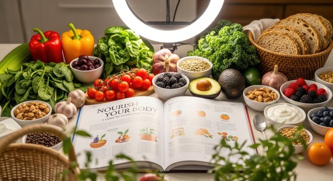 Colorful Healthy Food Still Life with Open Cookbook and Natural Light