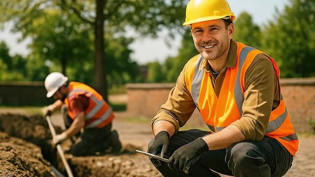 Smiling Construction Worker in Hard Hat and Safety Vest at Outdoor Job Site, Teammate Digging Trench in Background, Showcasing Teamwork and Safety