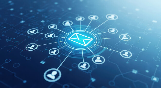 Digital illustration showing an email envelope icon connected to multiple user profile icons representing communication and network.