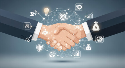 Two businessmen shaking hands, symbolizing a successful partnership and business agreement, surrounded by digital icons representing various business concepts.