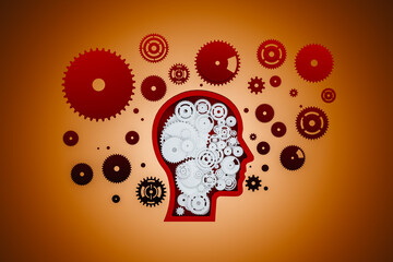 Head frame and gears inside at the center surrounded by hands and gears represents thinking, ideas, planning, and the machinery driving innovation in engineering or technology.