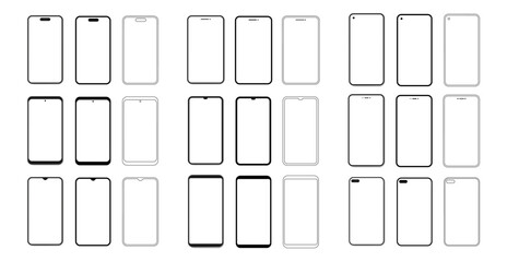 Blank smartphone screens collection. Vector various modern phone front designs with slim bezels and rounded corners. Template for app mockup, interface or mobile presentation. Outlines for technology