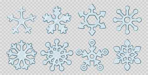 Ice glass snowflakes with realistic frosted effect. Vector isolated collection of unique crystal shapes. Decorative winter elements set for Christmas design and holiday greeting cards