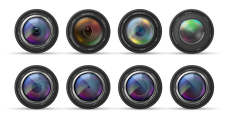 Camera lens set. Vector isolated realistic professional photographic equipment element with glass optics and adjustment rings for zoom and focus. Product presentations and advertising layouts