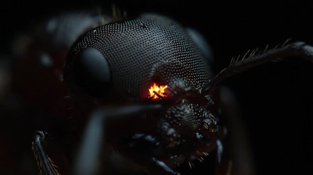 Macro view of an ant's eye with a burning flame, creating a stunning and unique concept