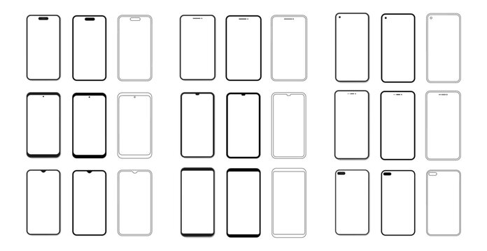 Blank smartphone screens collection. Vector various modern phone front designs with slim bezels and rounded corners. Template for app mockup, interface or mobile presentation. Outlines for technology