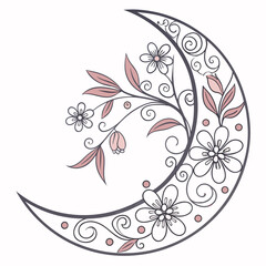 Vector art of delicate floral crescent moon illustration featuring pastel flowers, swirling lines, and gentle curves for a soft, dreamy design © Stock