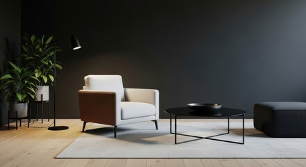 A modern living room features a white armchair with brown accents a black coffee