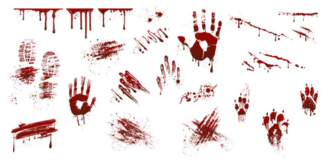 Fototapeta na wymiar Blood splatters, smears and cuts, scratches and handprints in various shapes and sizes. Vector realistic dripping streaks and liquid flows, scattered drops and palm or fingerprint stains