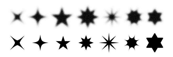 Grunge Y2K inspired stars in gradient fading effect. Vector isolated asterisks with different sizes and shape in monochrome style. Retro grainy design element for vintage posters and digital collage