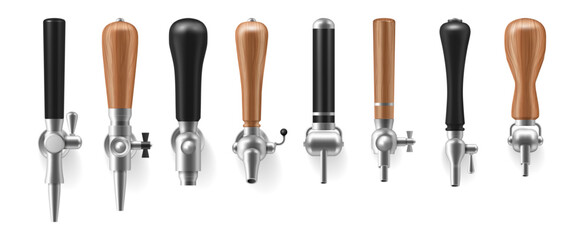 Modern beer taps set of bar counter. Vector realistic collection of faucets with handles and polished chrome surfaces. Pubs or advertising draft alcoholic beverages service elements