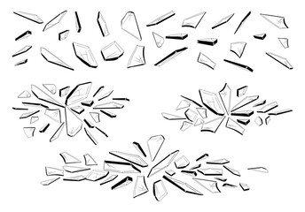 Broken glass pieces set. Vector isolated shattered fragments in grunge style with sharp edges and irregular shapes. Textures or crash effects, destruction elements or digital design projects