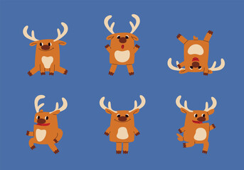 Cute reindeer in different poses. Funny Christmas character.
