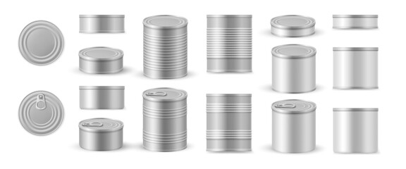 Tin can realistic collection. Vector set of multiple sizes and views. Front, side and top with metallic textures and embossed lids. Packaging presentations and food branding, canned goods or products