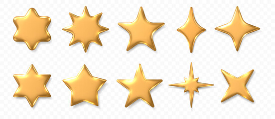 Shiny gold metallic Y2K stars with different realistic 3D shapes. Vector isolated set of starlets with classic, sharp and rounded forms. Decorative golden icons for holiday and celebration artwork